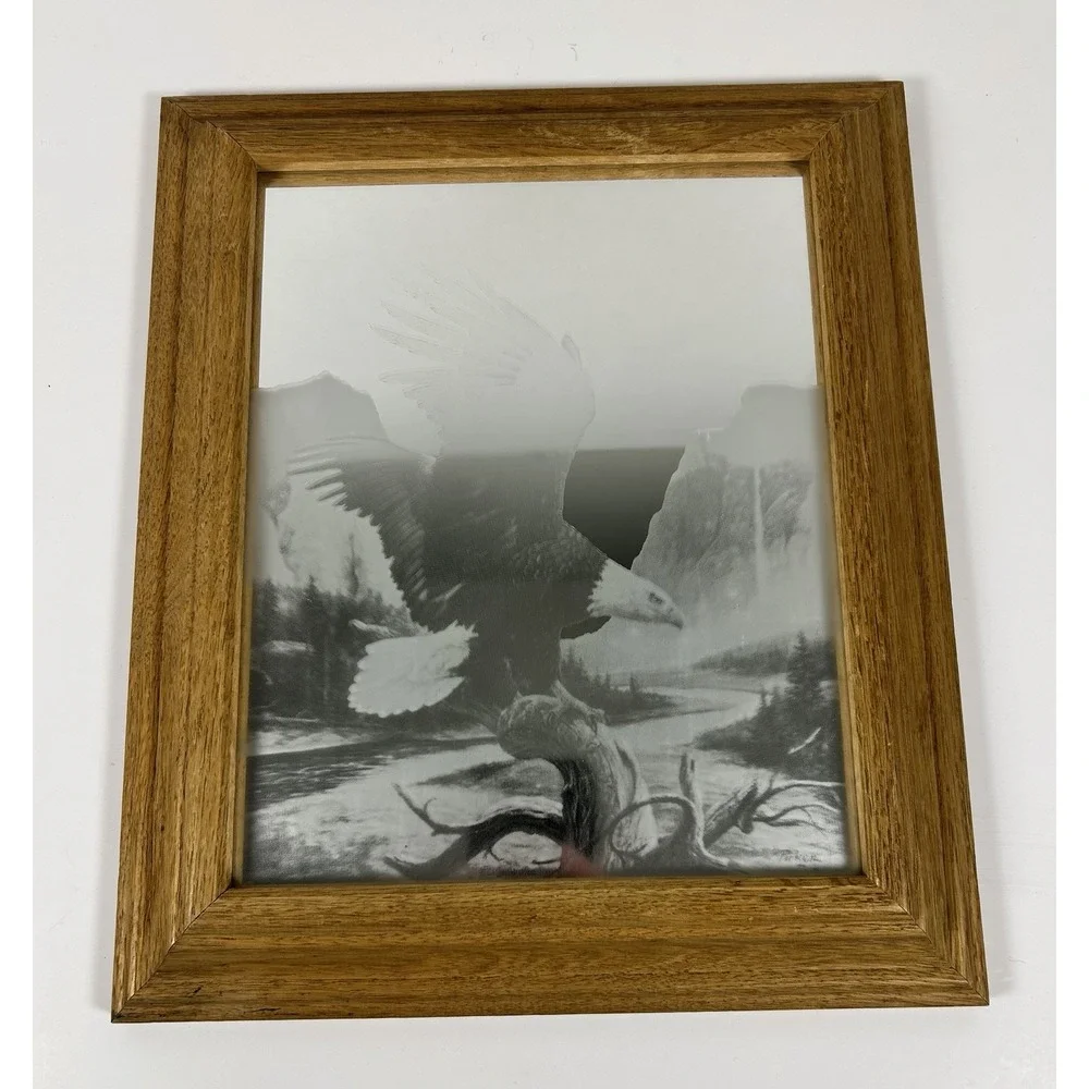 Framed Etched Bald Eagle Decorative Accent Mirror Oak Frame 10